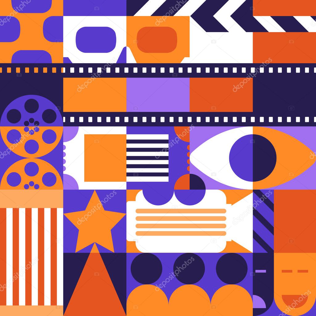 Vector abstract geometric cinema concept. Design elements, pattern and background for movie poster, entrance ticket, flyer. Trendy design for fashion textile prints, fabric.