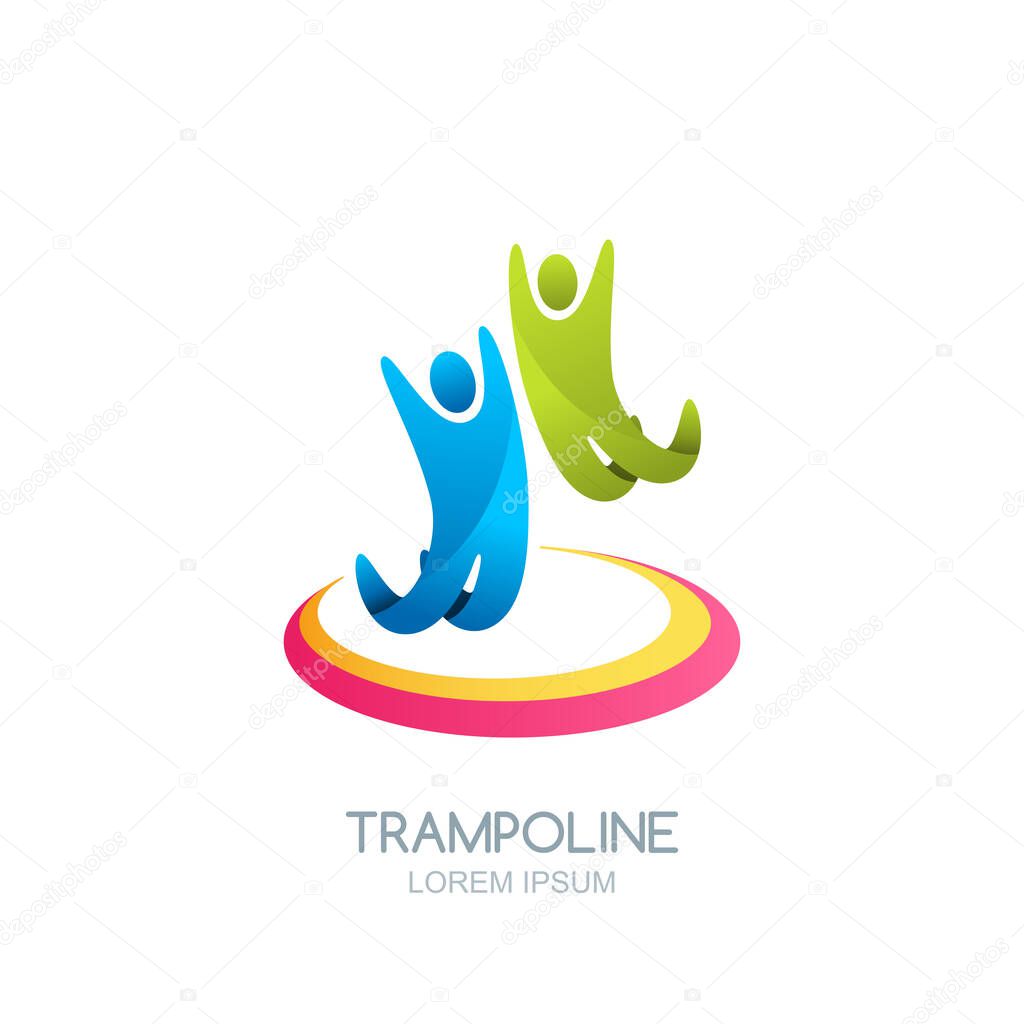 Vector trampoline sport logo emblem design template. Isolated colorful illustration of jumping people or children on trampoline. Kids activity, fun park or sports competitions concept.