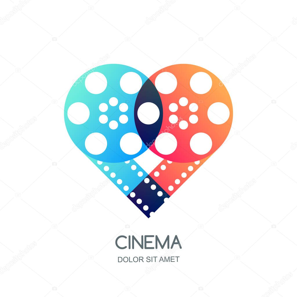 Cinema festival vector logo, icon, emblem design template. Overlapping film reel and filmstrip in heart shape. Video like symbol. Home movie time, media and watching tv concept.