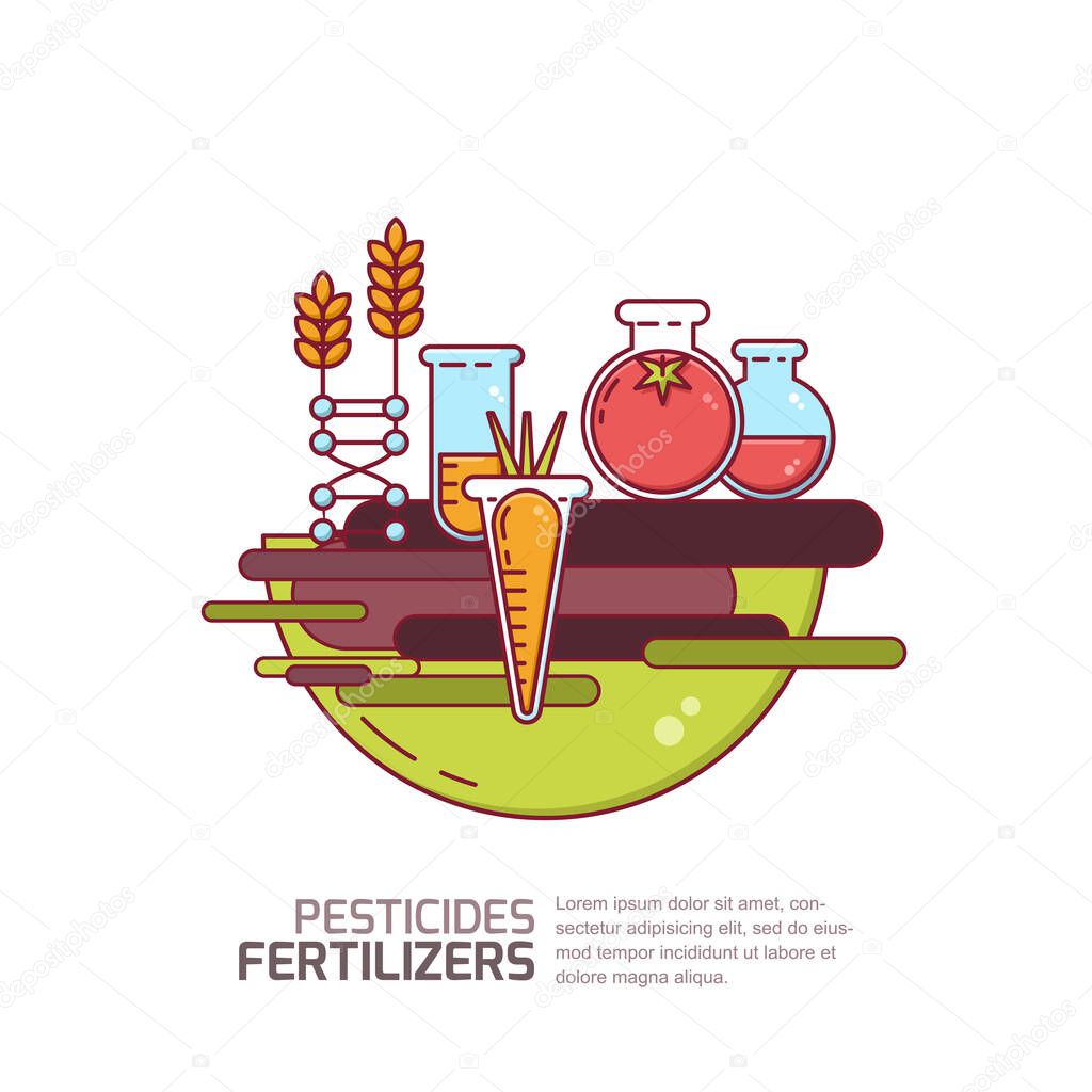 Pesticides and fertilizers concept. Vector illustration of vegetables and grains grown with pesticides and chemicals. Farming and agriculture gmo modified technologies.