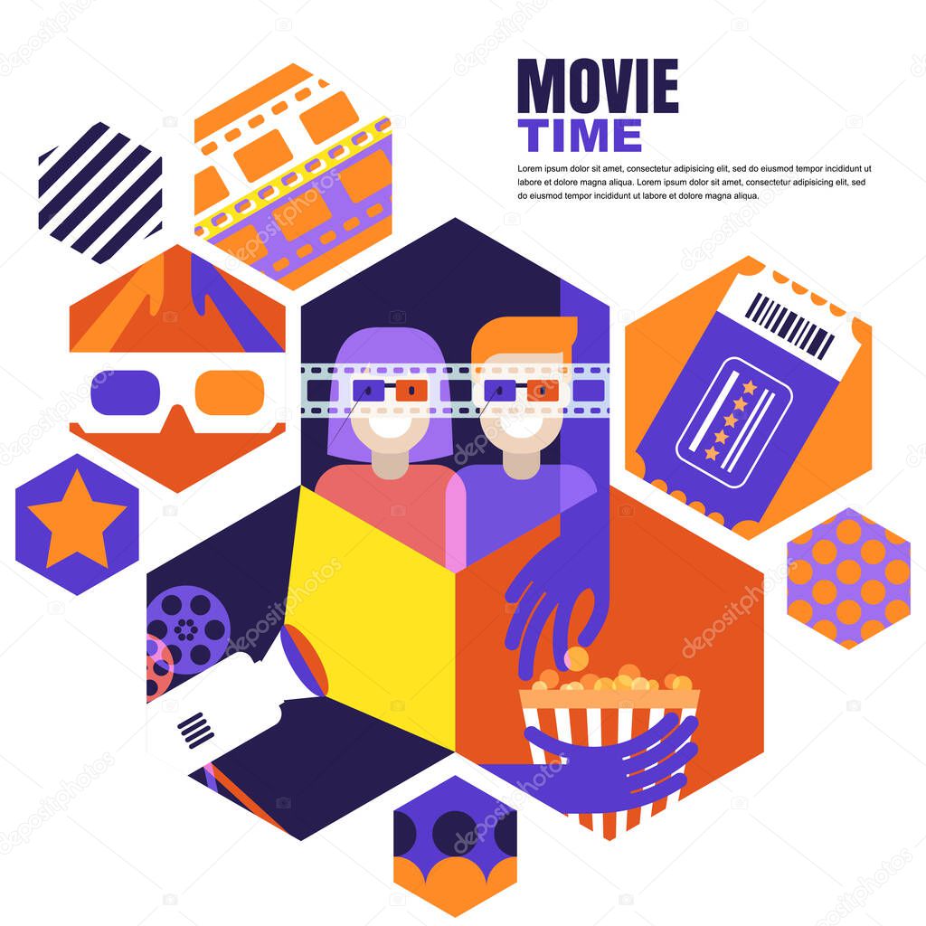 Movie time, date at the cinema concept. Vector design elements for cinema flyer, poster, banner, sale entrance ticket. Flat geometric hexagons background. Couple in 3d glasses, flat illustration.