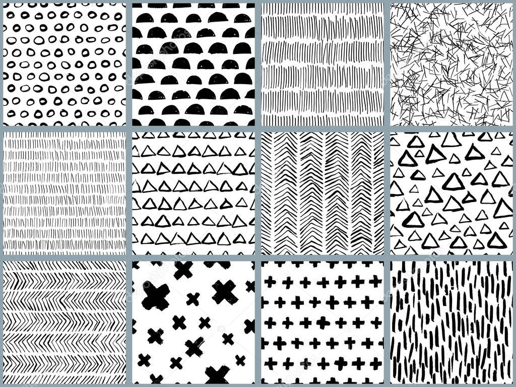 Set of vector black white hand drawn seamless pattern. Abstract watercolor, ink and marker texture and background. Trendy scandinavian design concept for fashion textile print, wrapping or packaging.