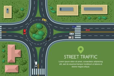 Roundabout road junction and city transport, vector flat illustration. City road, cars, crosswalk, trees and house top view. Street traffic, automobiles and transport design elements. clipart