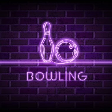 Neon bowling vektör illüstrasyonu. Mor tuğla duvar arka planında sürekli çizilen bowling topu, iğne ve harfler..