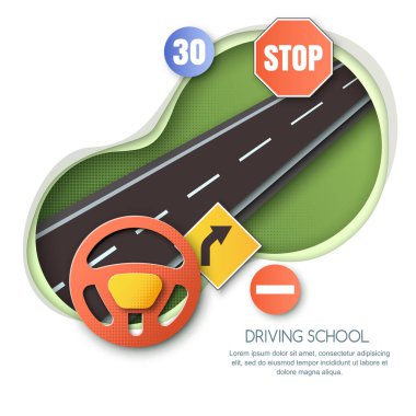 Vektör sürücü kursu konsepti. Yol, direksiyon, trafik işaretleri kağıt kesim stili izole çizimler. Pankart, el ilanı veya poster tasarımı ögeleri.