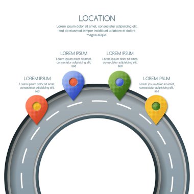Yol bilgisi şablonu. Yol konumu ve GPS navigasyon konsepti. Kağıt kesimi biçim vektör çizimi çok renkli pin haritası sembolü, kavşaktaki yol noktası işareti.