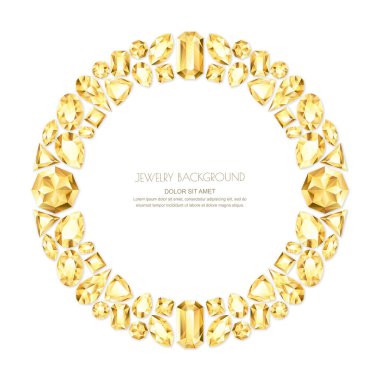 Beyaz arka planda gerçekçi altın mücevher ve mücevherlerin vektör dairesi çerçevesi. Parlak elmas mücevher tasarımı elementleri. Pankart, poster, hediye kartı, davetiye şablonu.