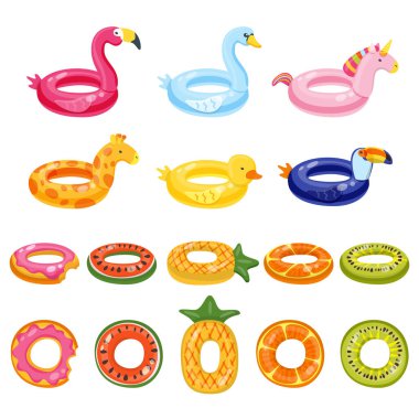 Beyaz arka planda izole edilmiş havuz başı sevimli çocuk oyuncakları. Vektör el çizimi çizimi. Flamingo, tek boynuzlu at, zürafa, tukan, kuğu, ördek, karpuz, ananas suyu yüzükleri..