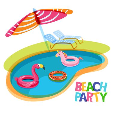 Yüzen yüzüklü havuz flamingo, tek boynuzlu at, karpuz. Vektör el çizimi çizimi. Çok renkli şişme çocuk oyuncakları. Yaz posteri ya da afişi için moda tasarım konsepti.