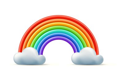 Gökkuşağı ve iki bulutun üç boyutlu vektör çokrenkli çizimi. Plastik ya da kil soyut arkaplan ya da tasarım ögesi.