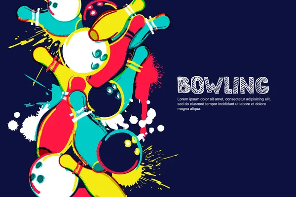Vektör bowling, yatay koyu arka plan. Soyut suluboya çizimi. Bowling topu, raptiyeler ve renkli arka planda çizilmiş harfler. Pankart, poster veya el ilanları için tasarım ögeleri.