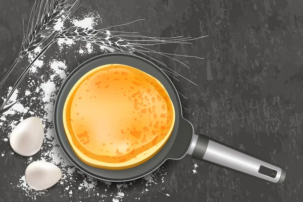 Cooking Pancake Vector Illustration Top View Realistic Pan Ingredients Dark — Stock Vector