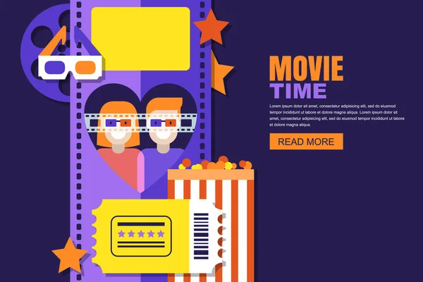 Hora Película Fecha Vector Cine Ilustración Plana Pareja Feliz Gafas — Vector de stock