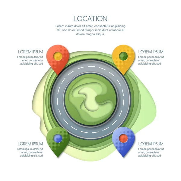 Weginfographics Sjabloon Weg Locatie Gps Navigatie Concept Papier Gesneden Stijl — Stockvector