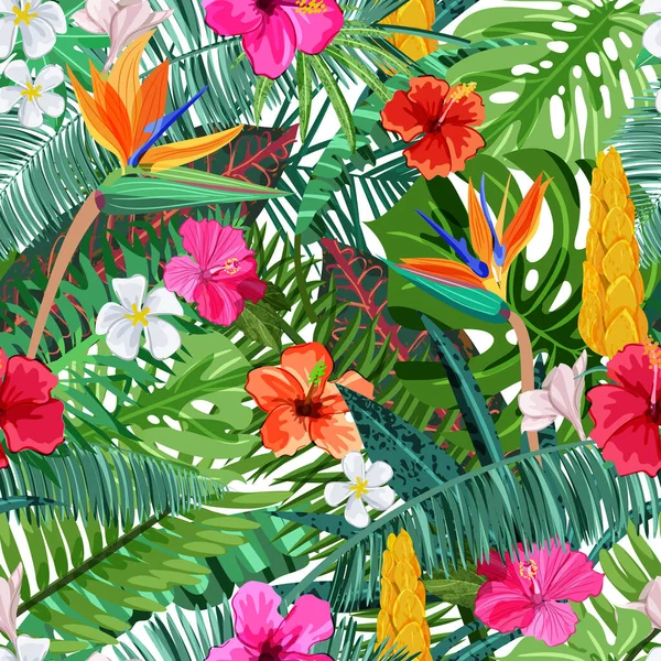 Padrão Sem Costura Tropical Com Flores Hibisco Plumeria Strelitzia Palma —  Vetores de Stock