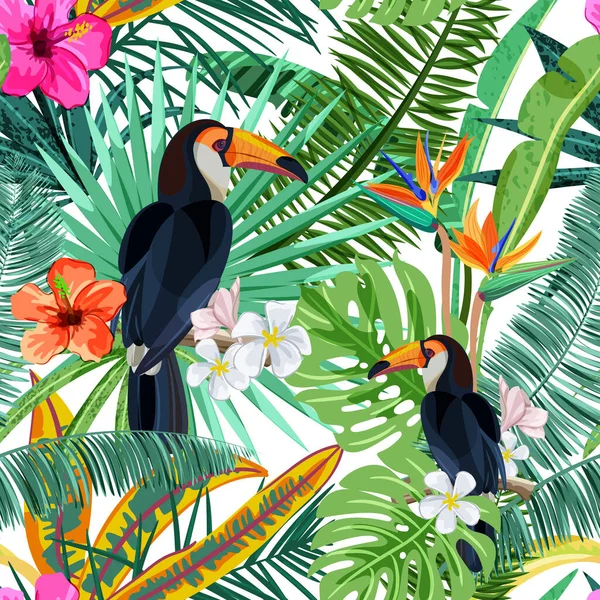 Motif Vectoriel Sans Couture Avec Feuilles Palmier Tropicales Vertes Fleurs — Image vectorielle