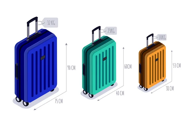 Baggage Allowance Isolated Vector Isometric Icons Multicolor Luggage Suitcase Bags — Stock Vector