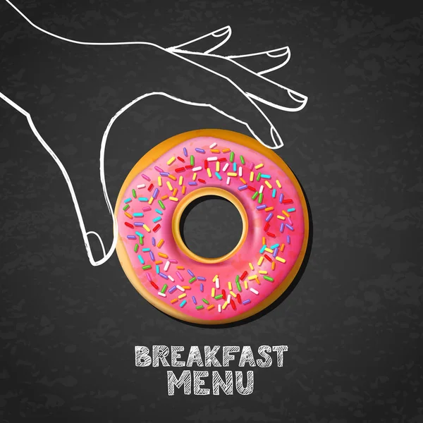 Концепция Меню Завтрака Вкусный Розовый Глазурованный Пончик Руке Нарисованный Акварелью — стоковый вектор
