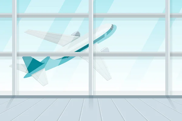 離陸機の空港ターミナルウィンドウからの眺め 空飛ぶジェット機 ベクトル3D等角式のイラスト 旅行と観光のコンセプト — ストックベクタ