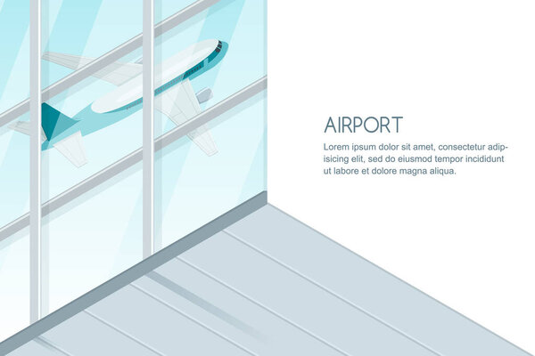View out of airport terminal window on takeoff airplane. Flying jet plane, vector 3d isometric sytle illustration. Travel and tourism concept. Banner design elements with copy space.