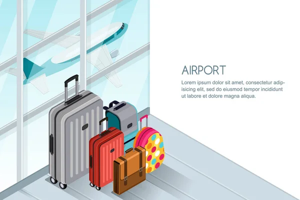 Bagage Koffer Tassen Bij Het Luchthaventerminal Vector Isometrische Illustratie Vliegtuig — Stockvector