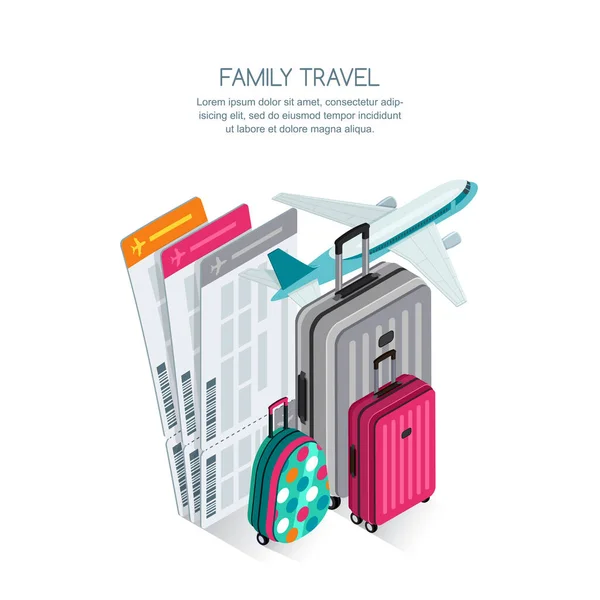 Familie Reizen Vliegtuig Vakantie Concept Vector Isometrische Stijl Geïsoleerde Illustratie — Stockvector