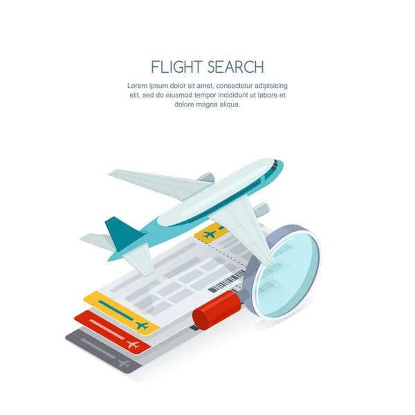 Flight Search Airplane Tickets Service Concept Vector Isometric Style Isolated — Stock Vector