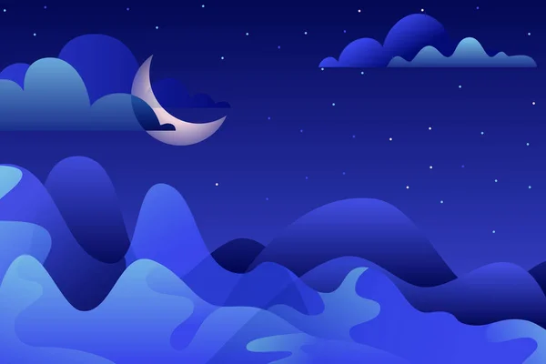 Abstrakte Nächtliche Landschaft Vektor Handgezeichnete Illustration Blaue Berge Und Mond — Stockvektor