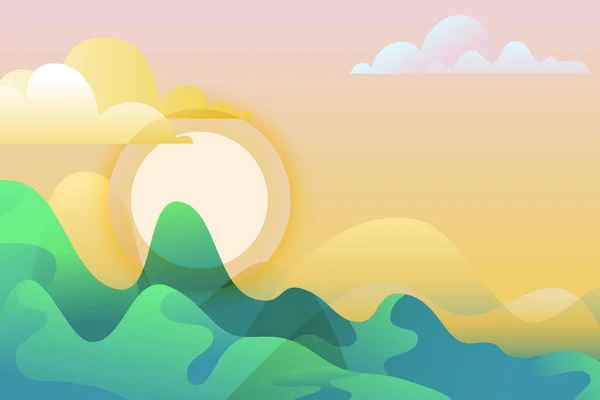 Абстрактный Летний Весенний Пейзаж Векторная Ручная Иллюстрация Зеленые Горы Солнце — стоковый вектор