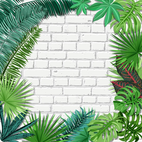 Mur Vectoriel Briques Blanches Feuilles Palmiers Tropicaux Verts Été Printemps — Image vectorielle