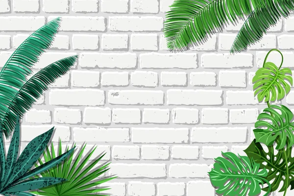 Mur Vectoriel Briques Blanches Feuilles Palmiers Tropicaux Verts Été Printemps — Image vectorielle