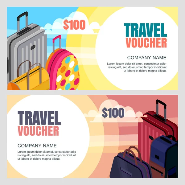 Vector Reisegutschein Vorlage Isometrische Illustration Von Mehrfarbigem Gepäck Koffer Taschen — Stockvektor