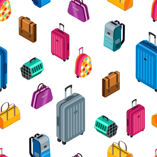 矢量无缝图案与3D等距彩色行李 手提箱 时尚纺织品印花 夏季旅游和旅游背景的流行设计 — 图库矢量图片