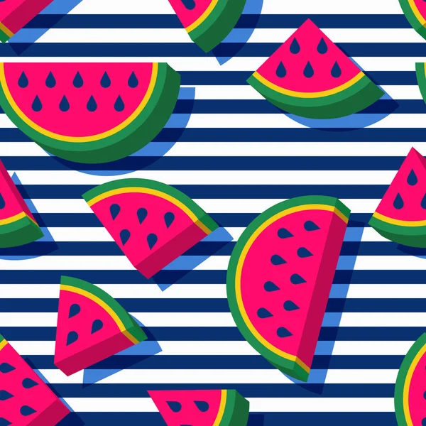 Vektor Nahtlose Geometrische Muster Flache Wassermelonenscheiben Stil Und Marinefarbener Hintergrund — Stockvektor
