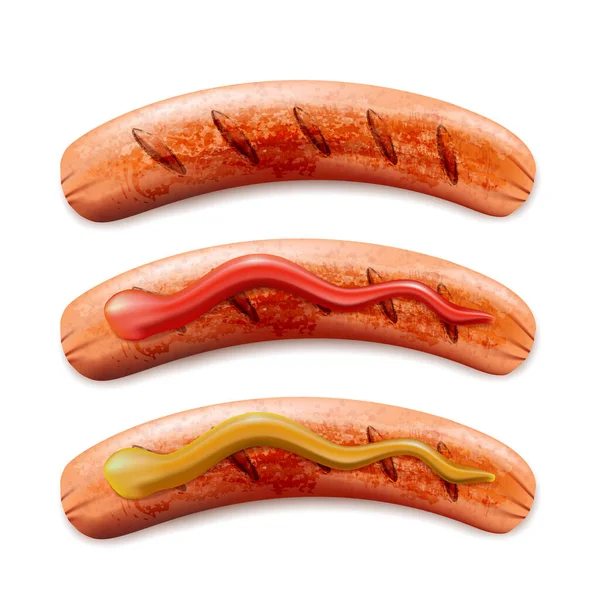 矢量现实三维的烤香肠与番茄酱和芥末 分离的白色背景 Sausage Bbq图标 — 图库矢量图片