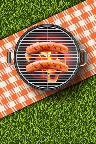 Illustration Vectorielle Réaliste Saucisse Grillée Sur Barbecue Chaud Rond Menu — Image vectorielle