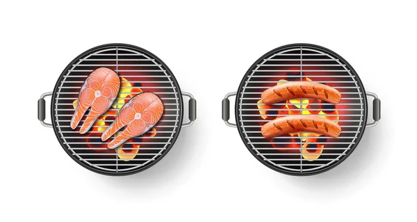 Vector Realistische Illustratie Van Ronde Barbecue Grill Met Gegrilde Worst — Stockvector