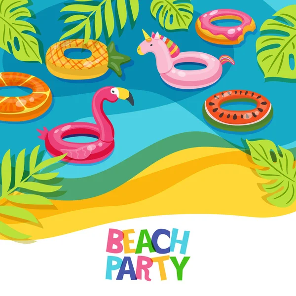 Meeresstrand Oder Schwimmbad Mit Schwimmringen Flamingo Einhorn Wassermelone Vector Handgezeichnete — Stockvektor