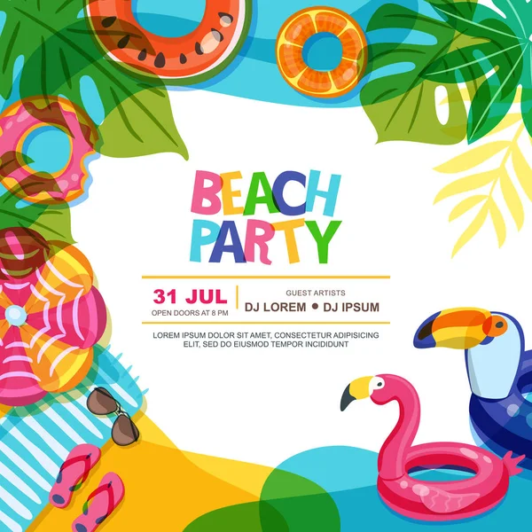 Plaj partisi yazlık poster tasarımı şablonu. Yüzme yüzüklü yüzme havuzu karalama çizimi. Çok renkli şişme çocuk oyuncakları. Yaz posteri ya da afişi için moda tasarım konsepti.