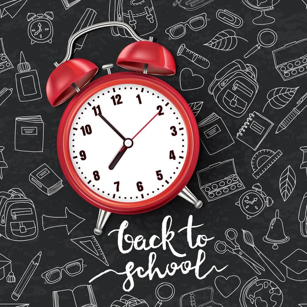 Back School Vector Illustration Realistic Red Alarm Clock Black Board — Stock Vector