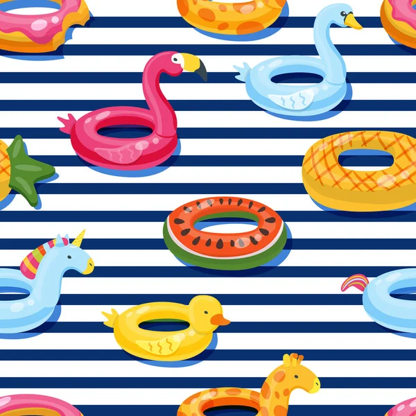 矢量无缝游泳池环花环图案 彩色充气可爱的孩子玩具在肚脐条纹的背景 夏季纺织品印花的时装设计 — 图库矢量图片