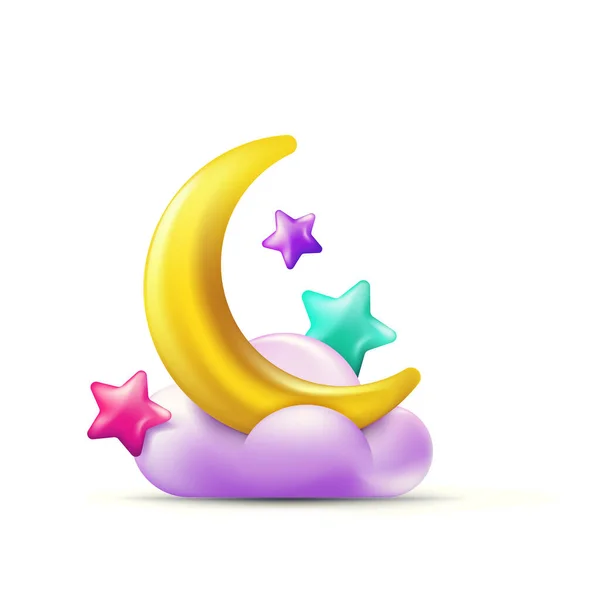 紫色の雲の上に多色の星や黄金の月のベクトル3Dスタイルのイラスト カラフルなホリデーキャンディーのアイコンとデザイン要素 — ストックベクタ