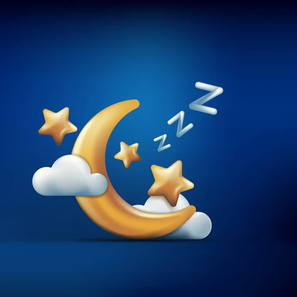 蓝色背景上的金色月亮 星星和云彩的矢量3D样式图解 睡觉的概念 夜梦图标和设计元素 — 图库矢量图片