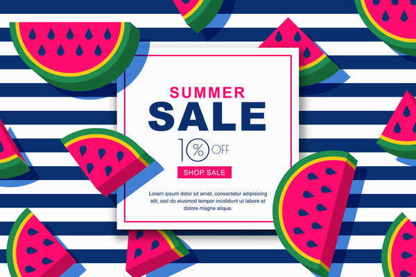 Летние векторные баннеры с плоскими арбузными ломтиками в 3D стиле. Геометрический фон тропических фруктов и морских полос. Макет для скидок этикеток, флаеров и магазинов
.