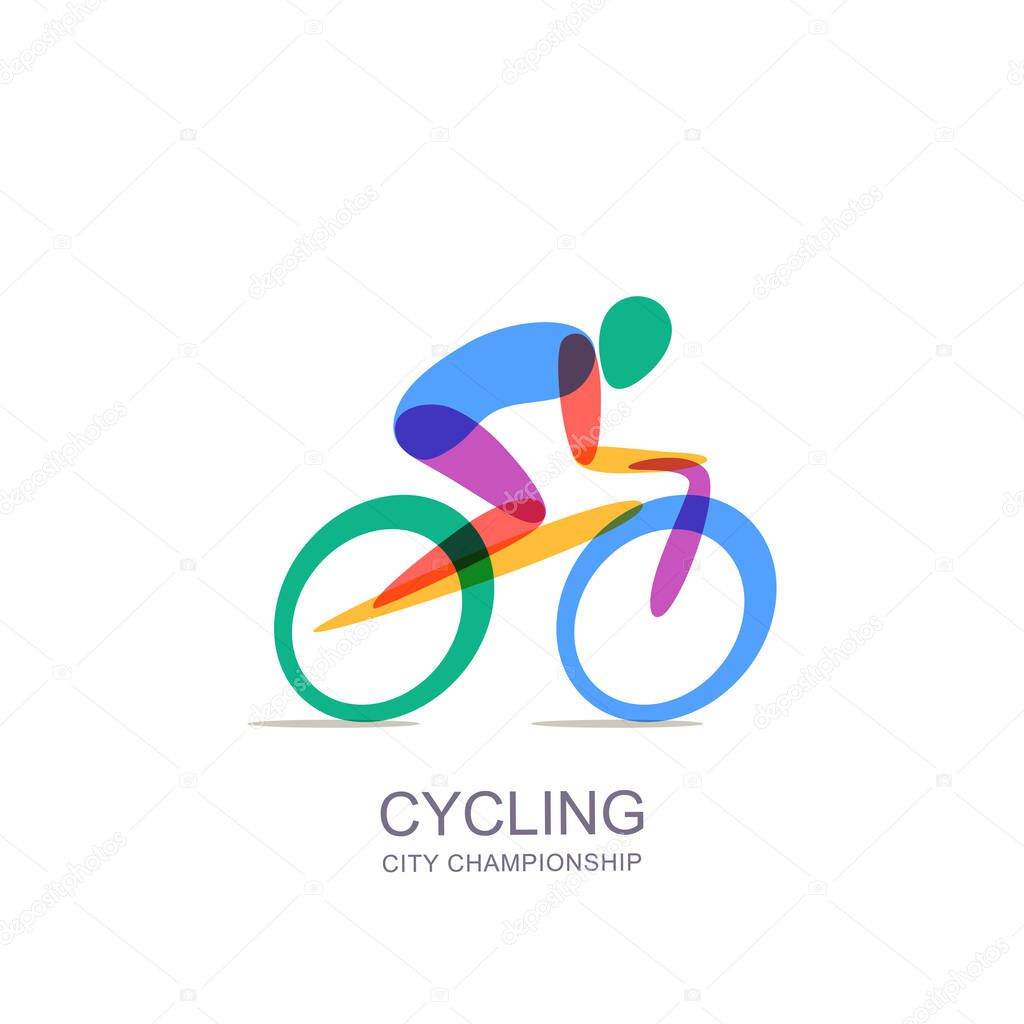 Vector cycling logo, icon, emblem design template. Human silhouette on colorful bike, overlapping isolated illustration. Concept for marathon, race, competition, healthy lifestyle and outdoor sports.