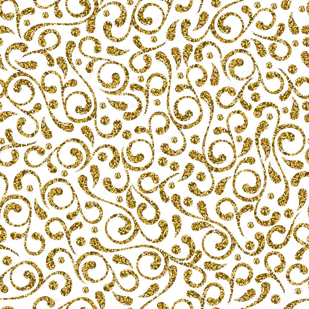 Vector seamless decorative flourish gold pattern. Golden and white abstract leaf background. Elegant ornament design for fashion textile print.