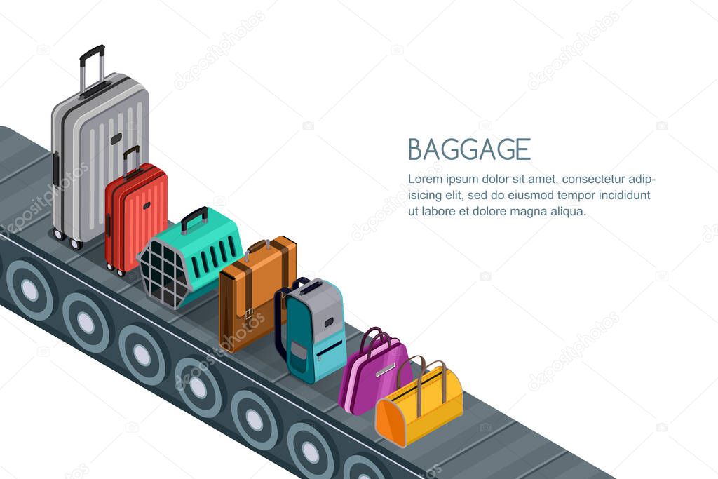 Isolated vector 3d isometric illustration of conveyor belt with different luggage, suitcases, bags. Concept for checked baggage claim, travel and tourism.