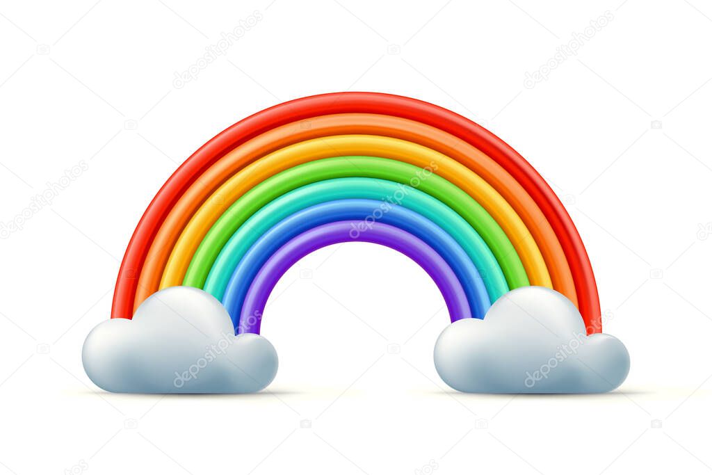 Vector multicolor 3d style illustration of rainbow and two clouds. Plasticine or clay abstract background or design element.