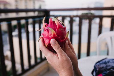 Dragon meyve kadının elinde gıda görüntüsünü kapatın. İlham fotoğraf küçük bir alan derinliği ile seyahat. Boşaltmak için tasarım ile arka plan bulanıklık.