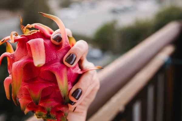 Cerrar Imagen Alimento Fruta Dragón Mano Mujer Foto Inspiración Viaje —  Fotos de Stock